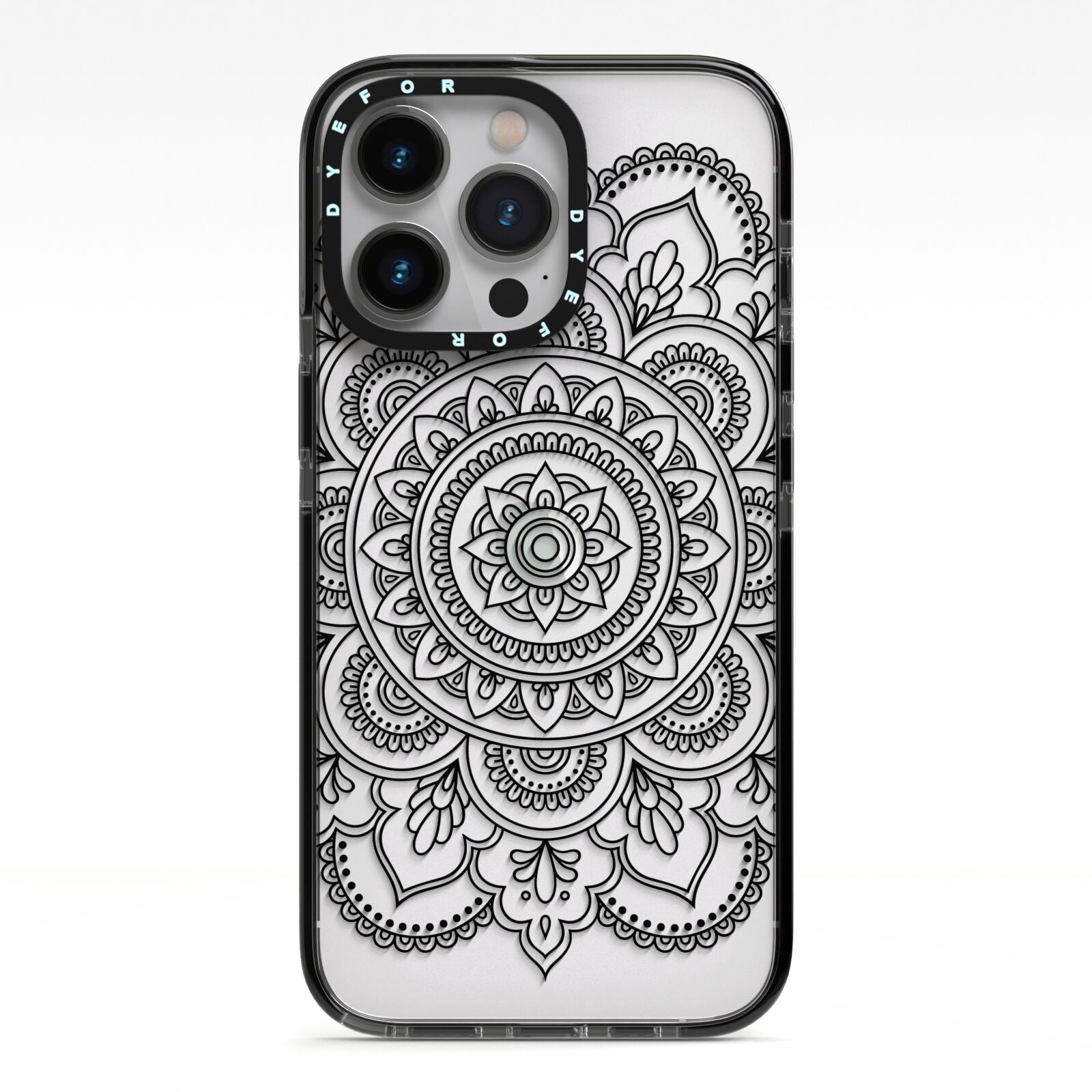 Mandala iPhone 13 Pro Black Impact Case on Silver phone