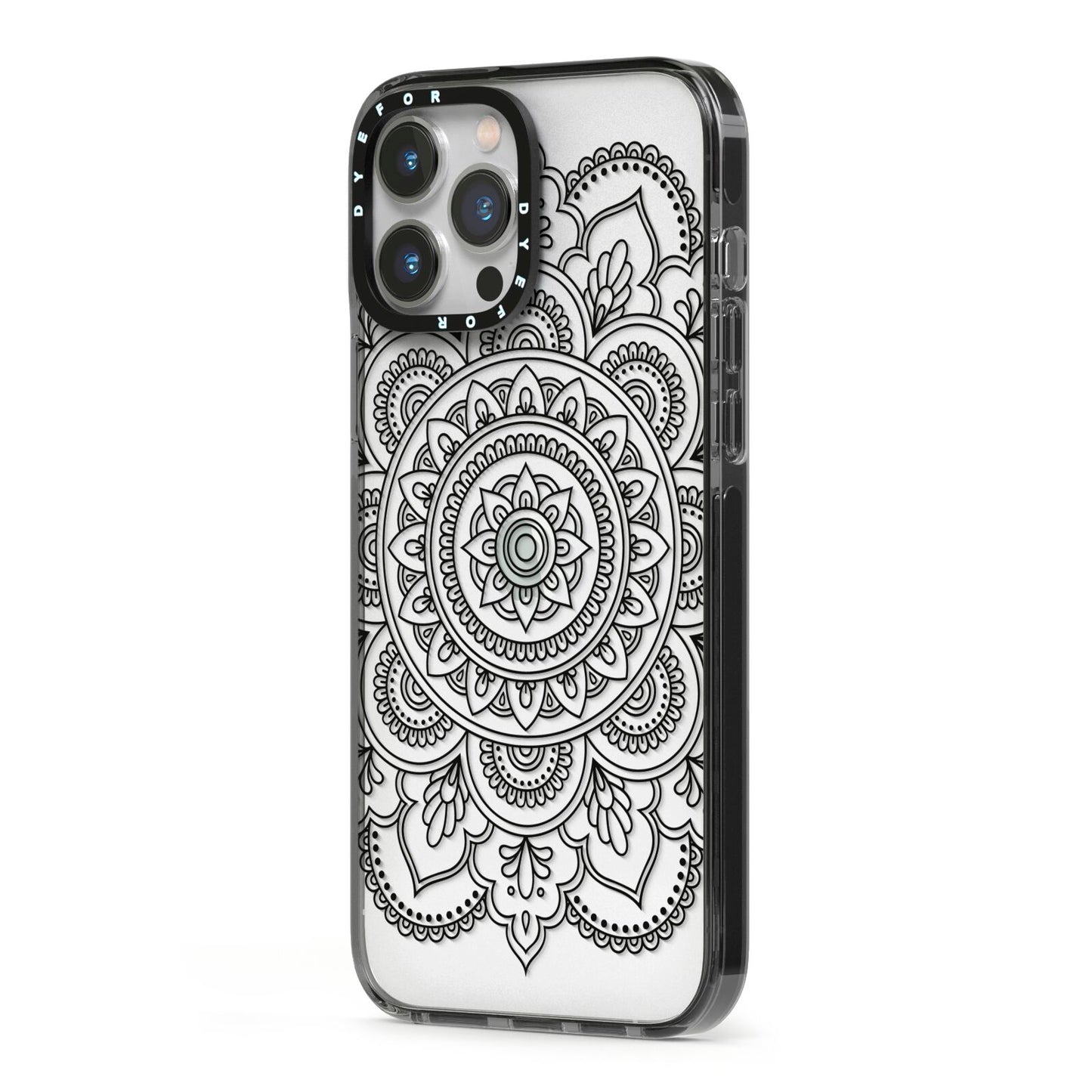 Mandala iPhone 13 Pro Max Black Impact Case Side Angle on Silver phone