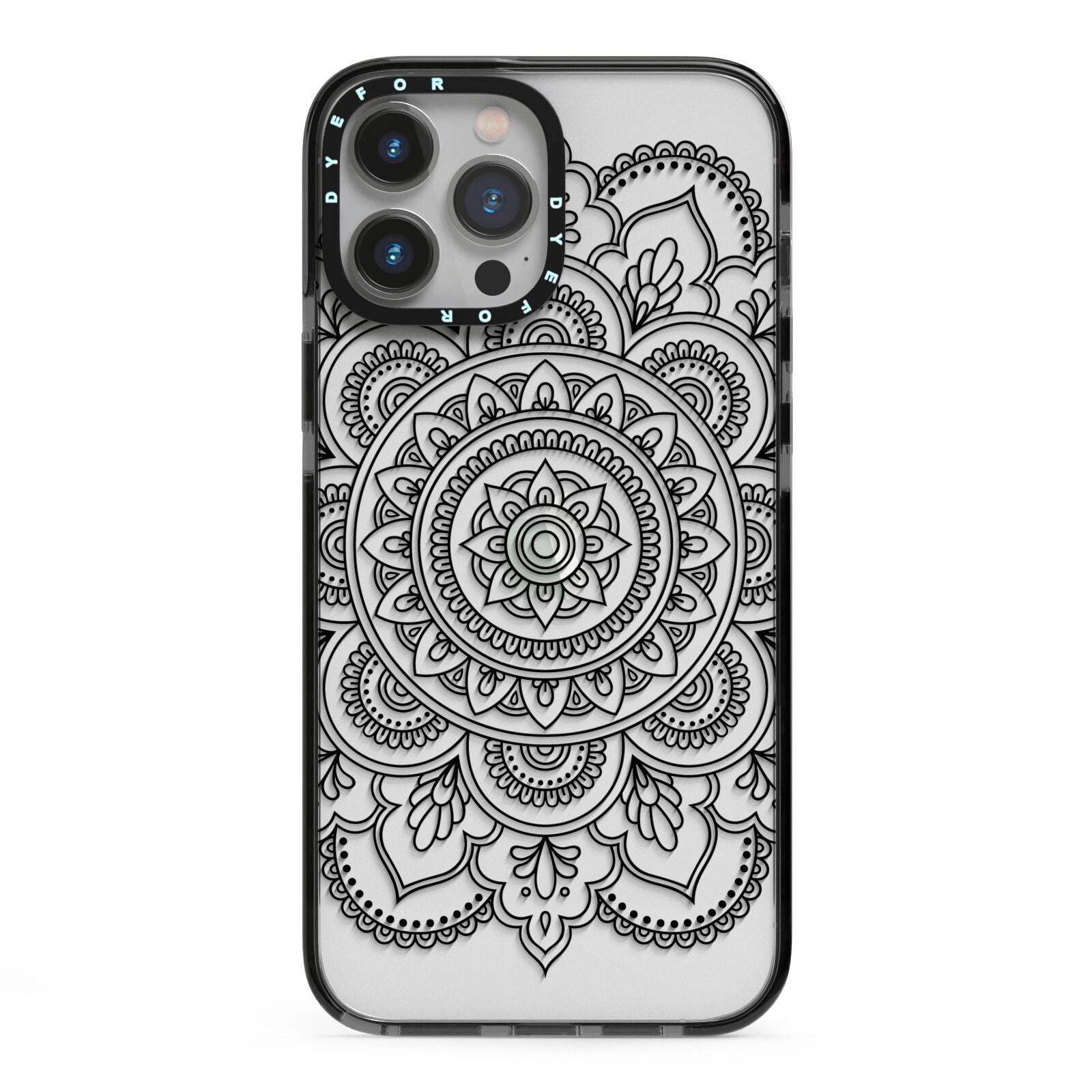 Mandala iPhone 13 Pro Max Black Impact Case on Silver phone