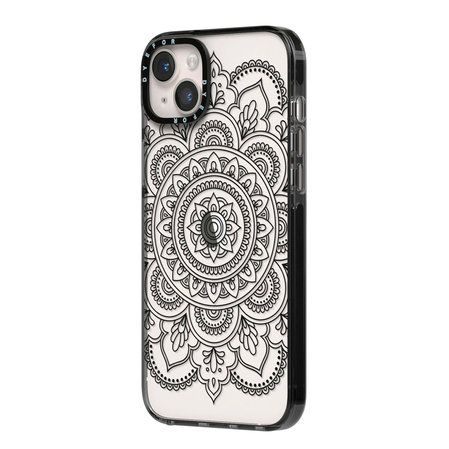 Mandala iPhone 14 Plus Black Impact Case Side Angle on Silver phone