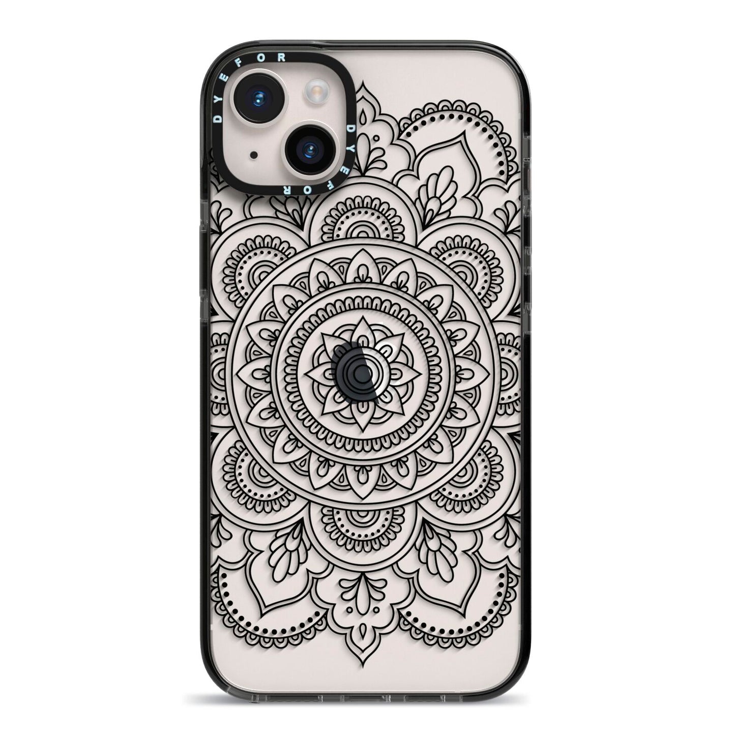 Mandala iPhone 14 Plus Black Impact Case on Silver phone