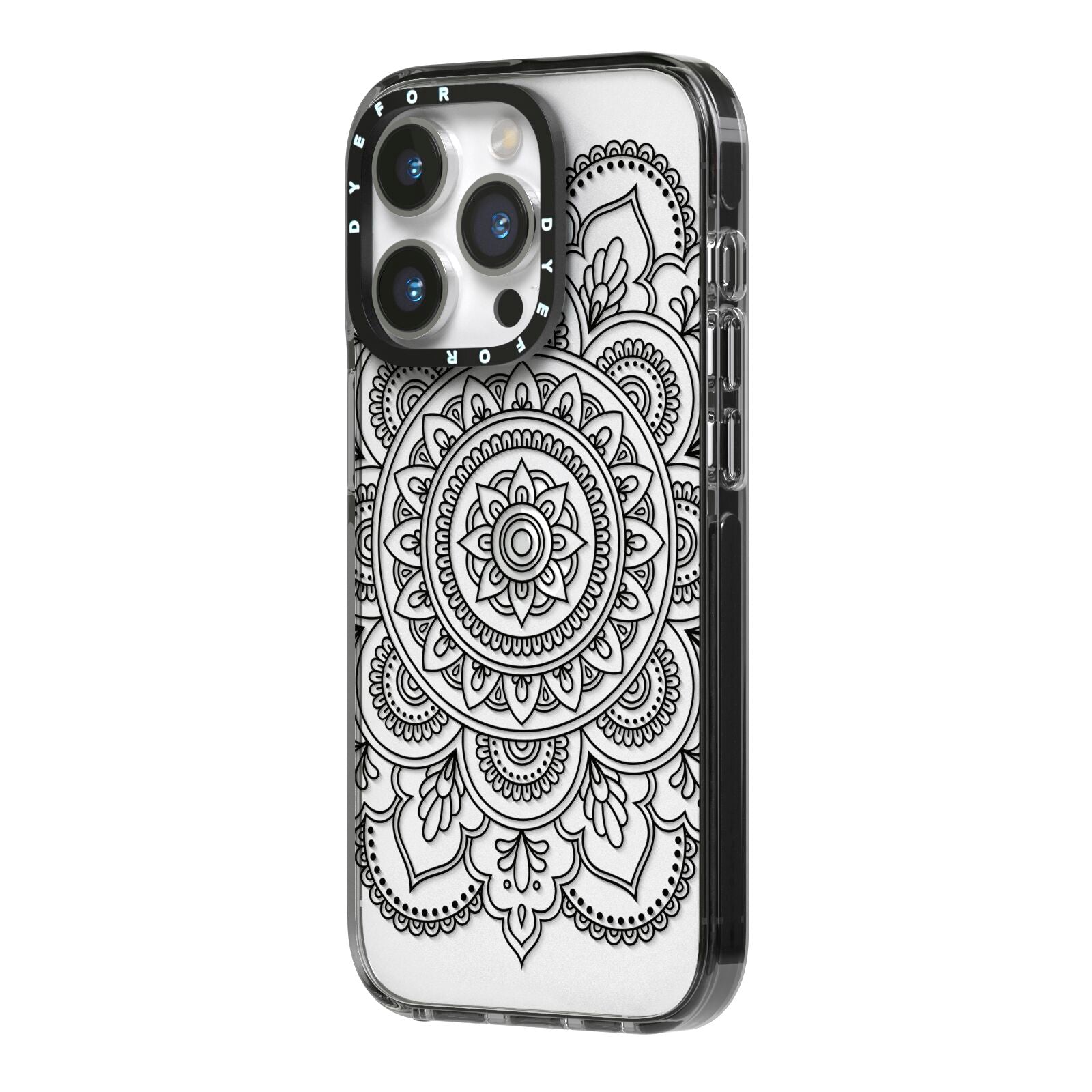 Mandala iPhone 14 Pro Black Impact Case Side Angle on Silver phone