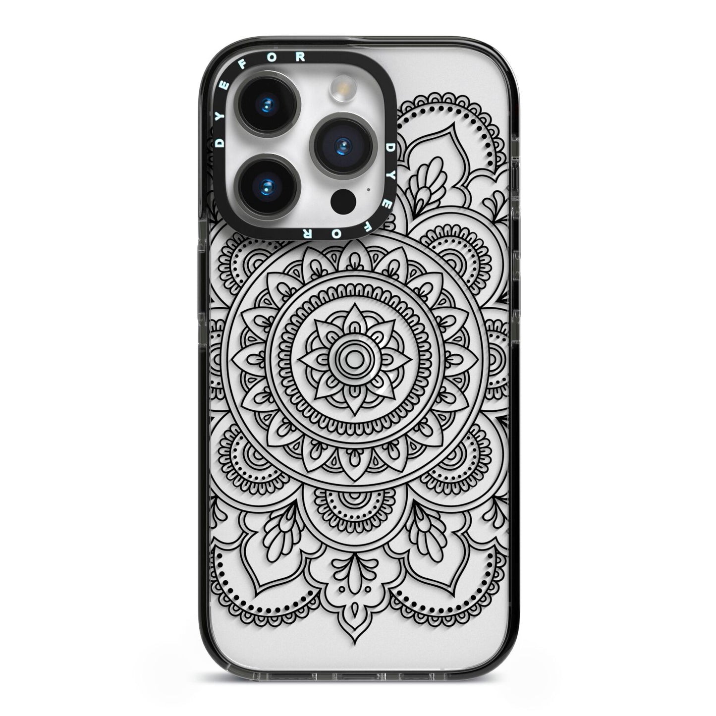 Mandala iPhone 14 Pro Black Impact Case on Silver phone