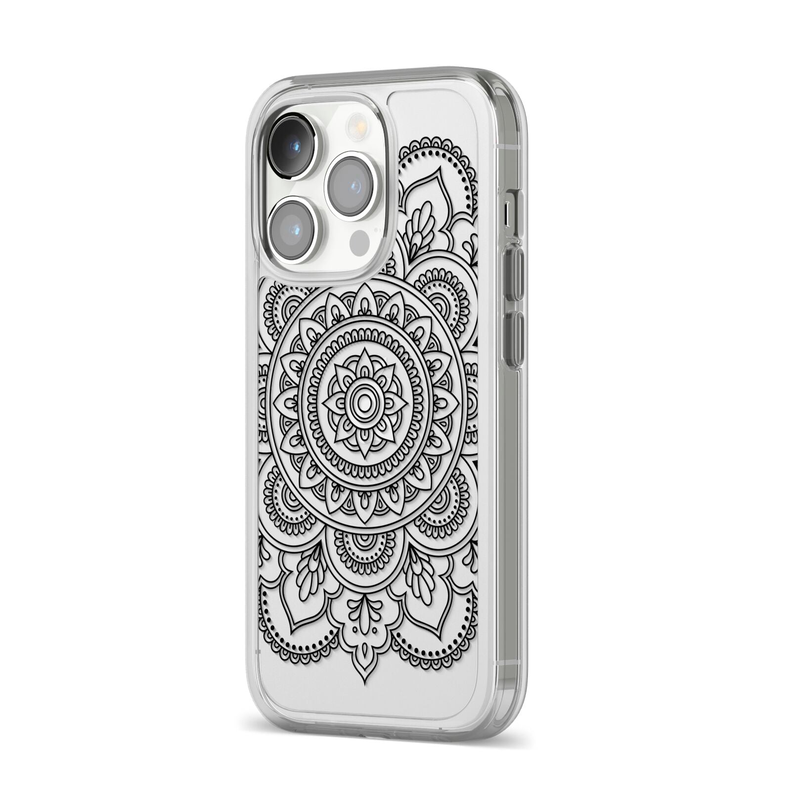 Mandala iPhone 14 Pro Clear Tough Case Silver Angled Image