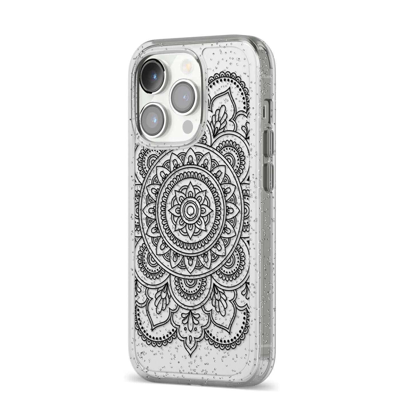 Mandala iPhone 14 Pro Glitter Tough Case Silver Angled Image