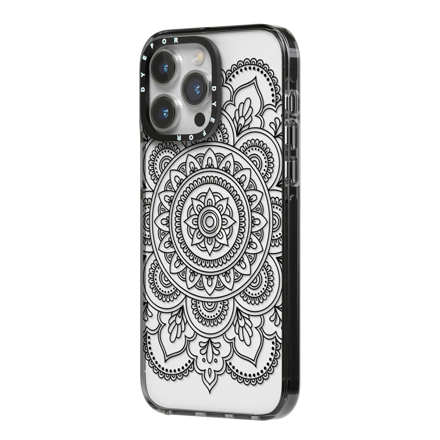 Mandala iPhone 14 Pro Max Black Impact Case Side Angle on Silver phone