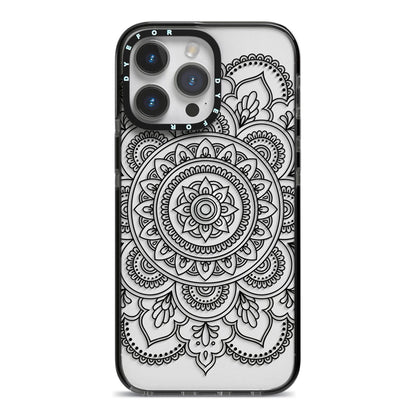 Mandala iPhone 14 Pro Max Black Impact Case on Silver phone