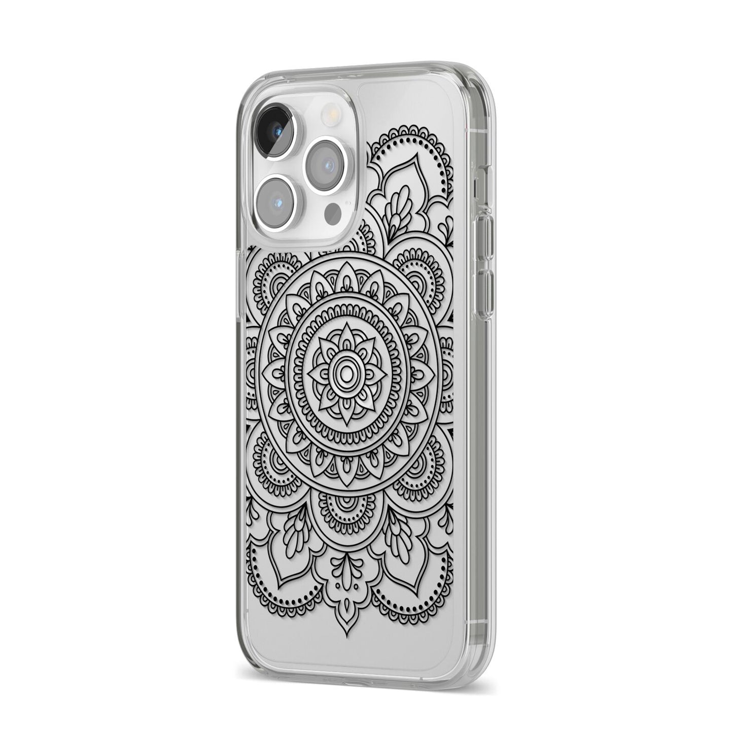 Mandala iPhone 14 Pro Max Clear Tough Case Silver Angled Image