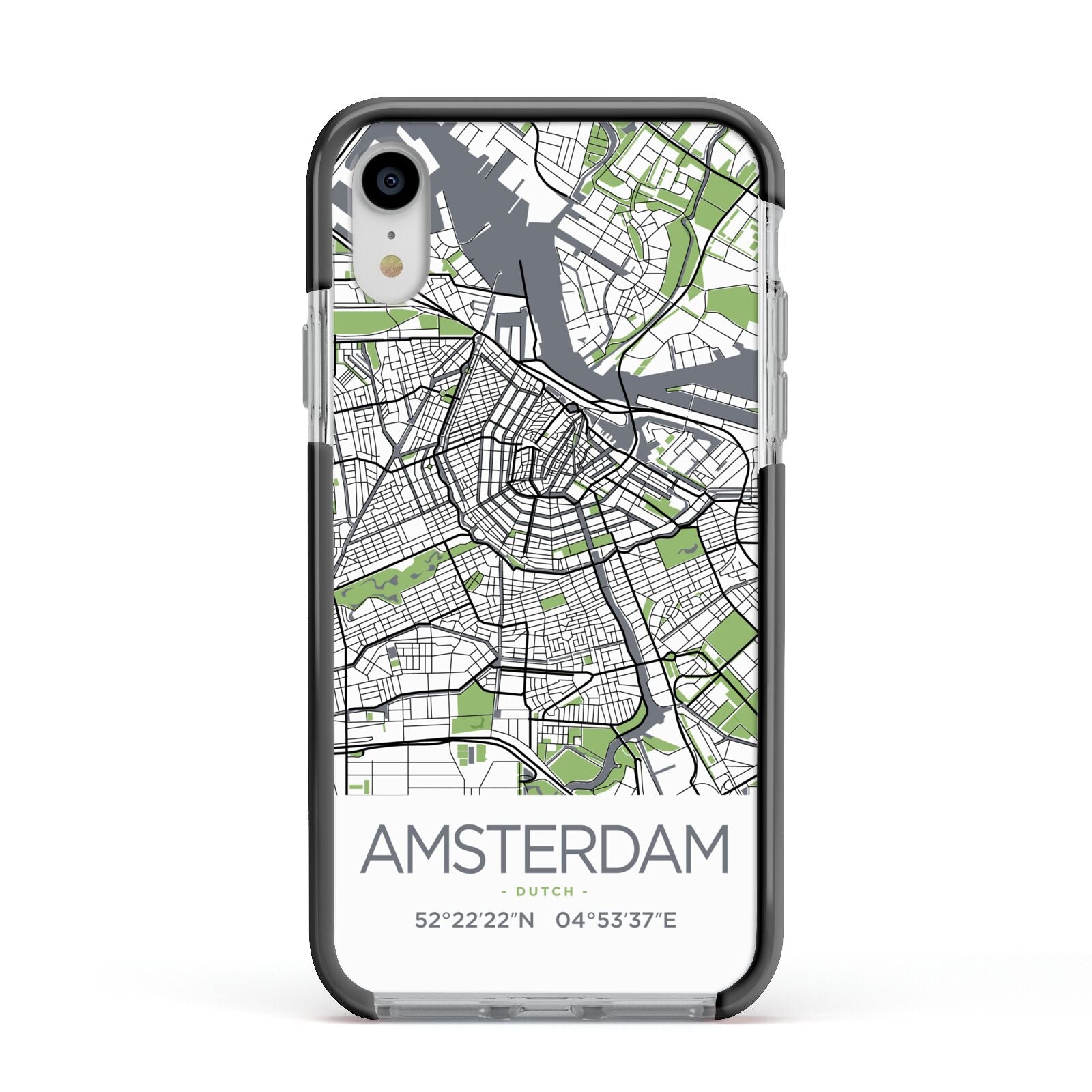 Map of Amsterdam Apple iPhone XR Impact Case Black Edge on Silver Phone