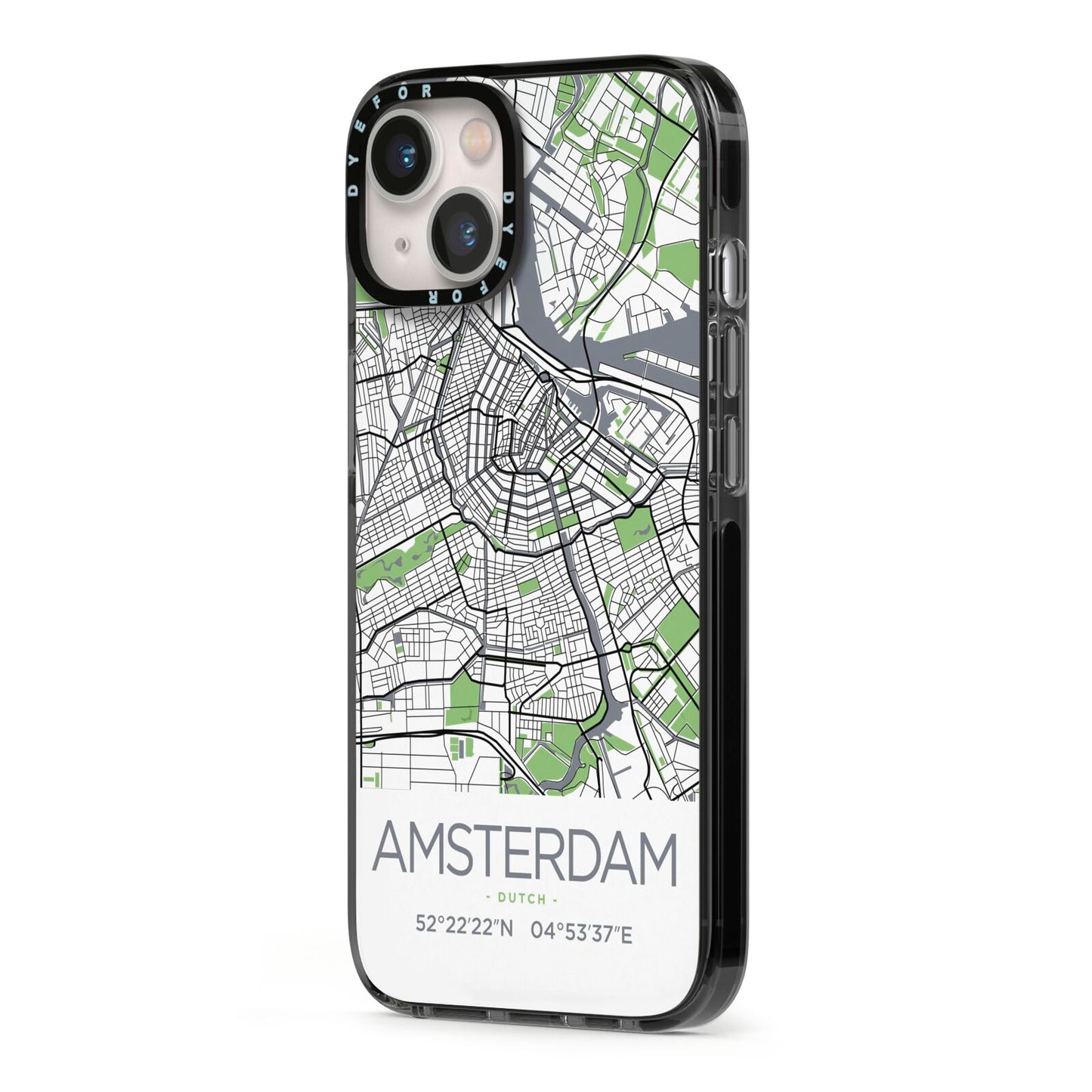 Map of Amsterdam iPhone 13 Black Impact Case Side Angle on Silver phone