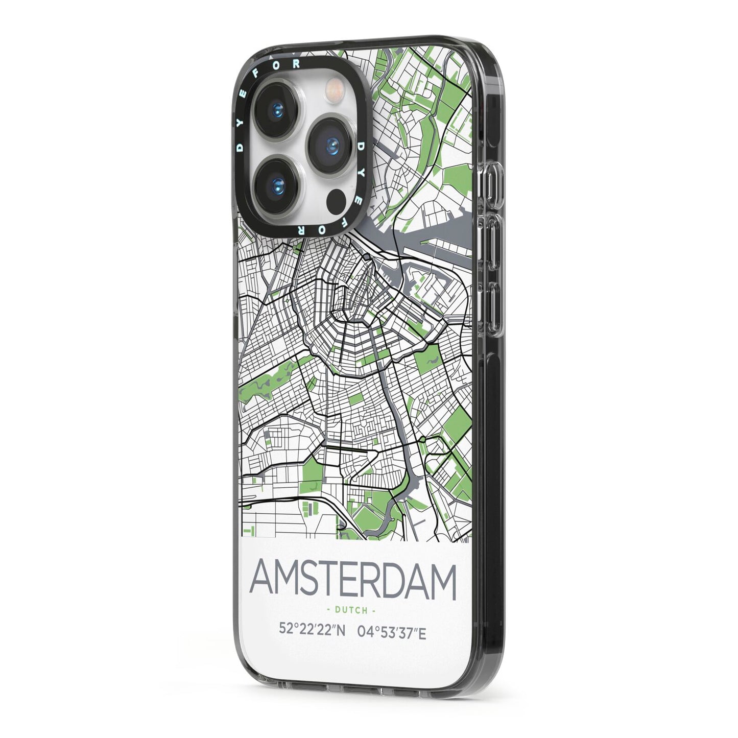 Map of Amsterdam iPhone 13 Pro Black Impact Case Side Angle on Silver phone