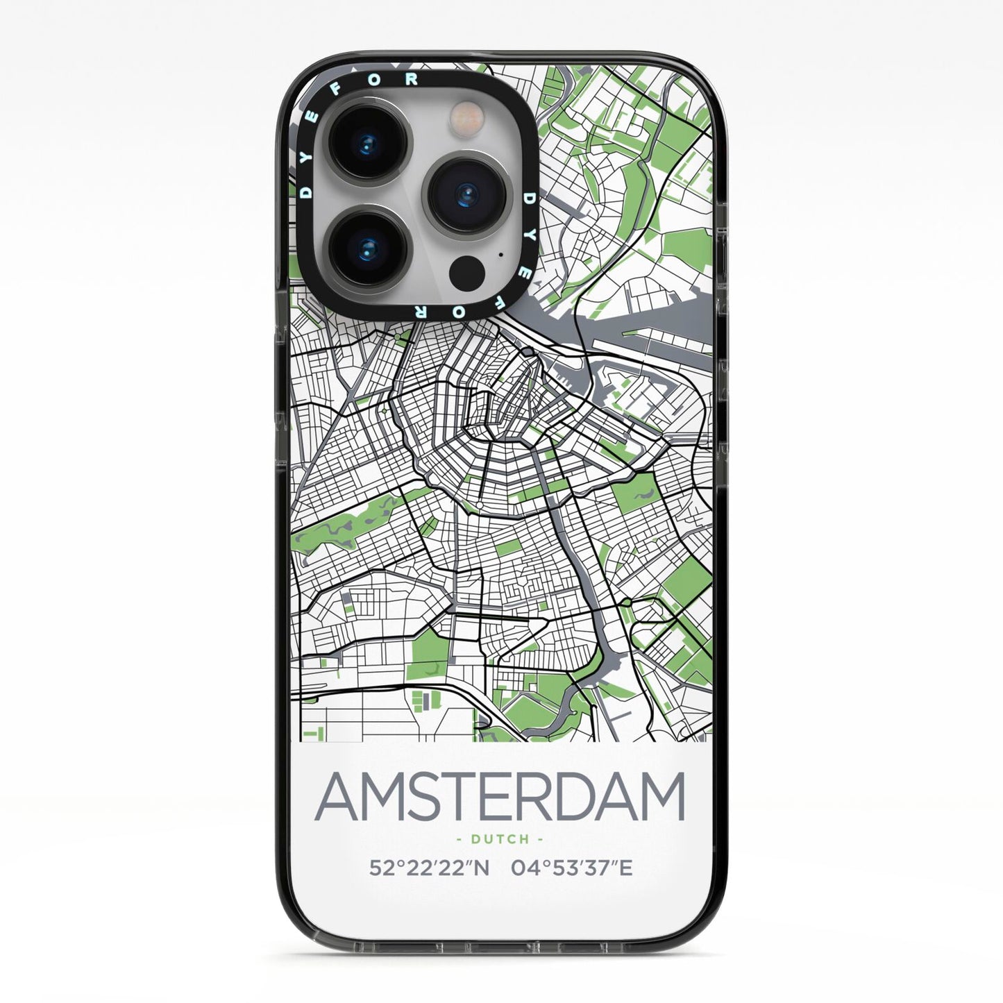 Map of Amsterdam iPhone 13 Pro Black Impact Case on Silver phone