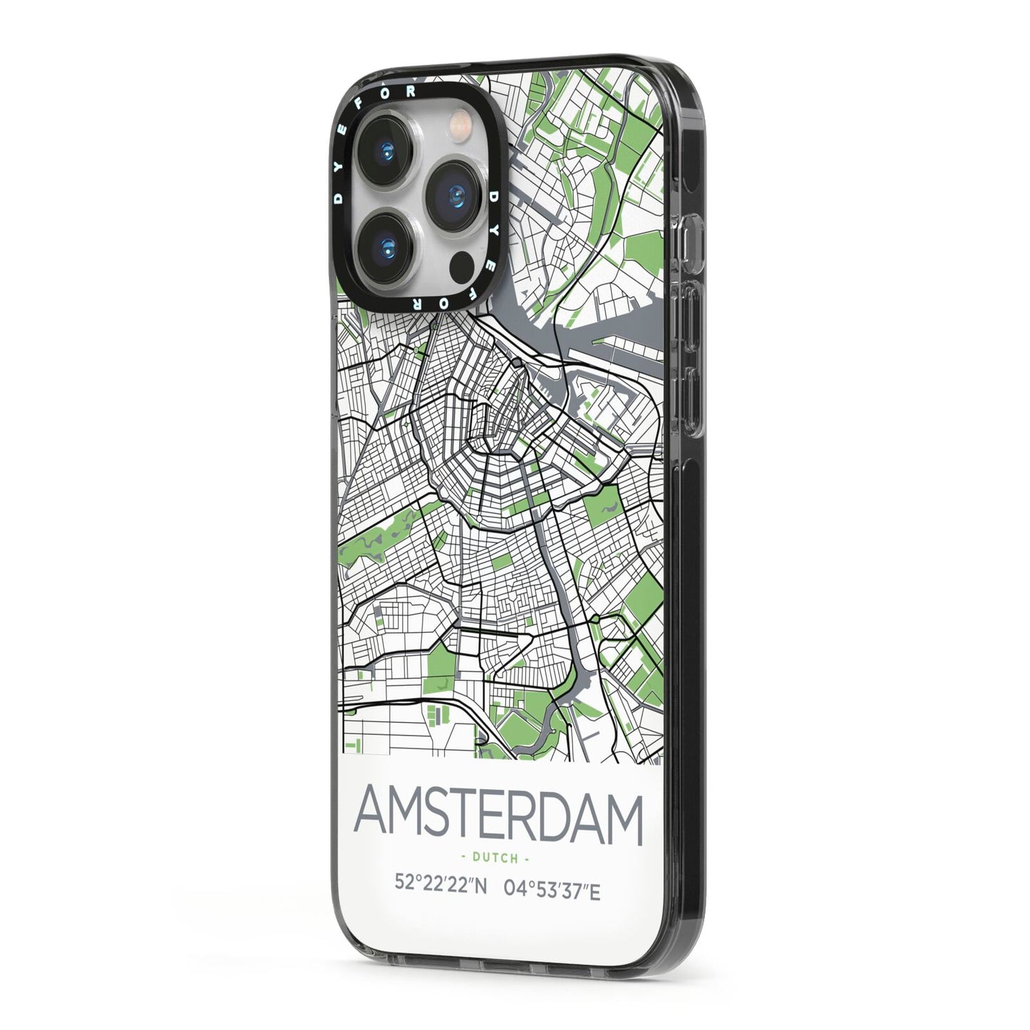 Map of Amsterdam iPhone 13 Pro Max Black Impact Case Side Angle on Silver phone