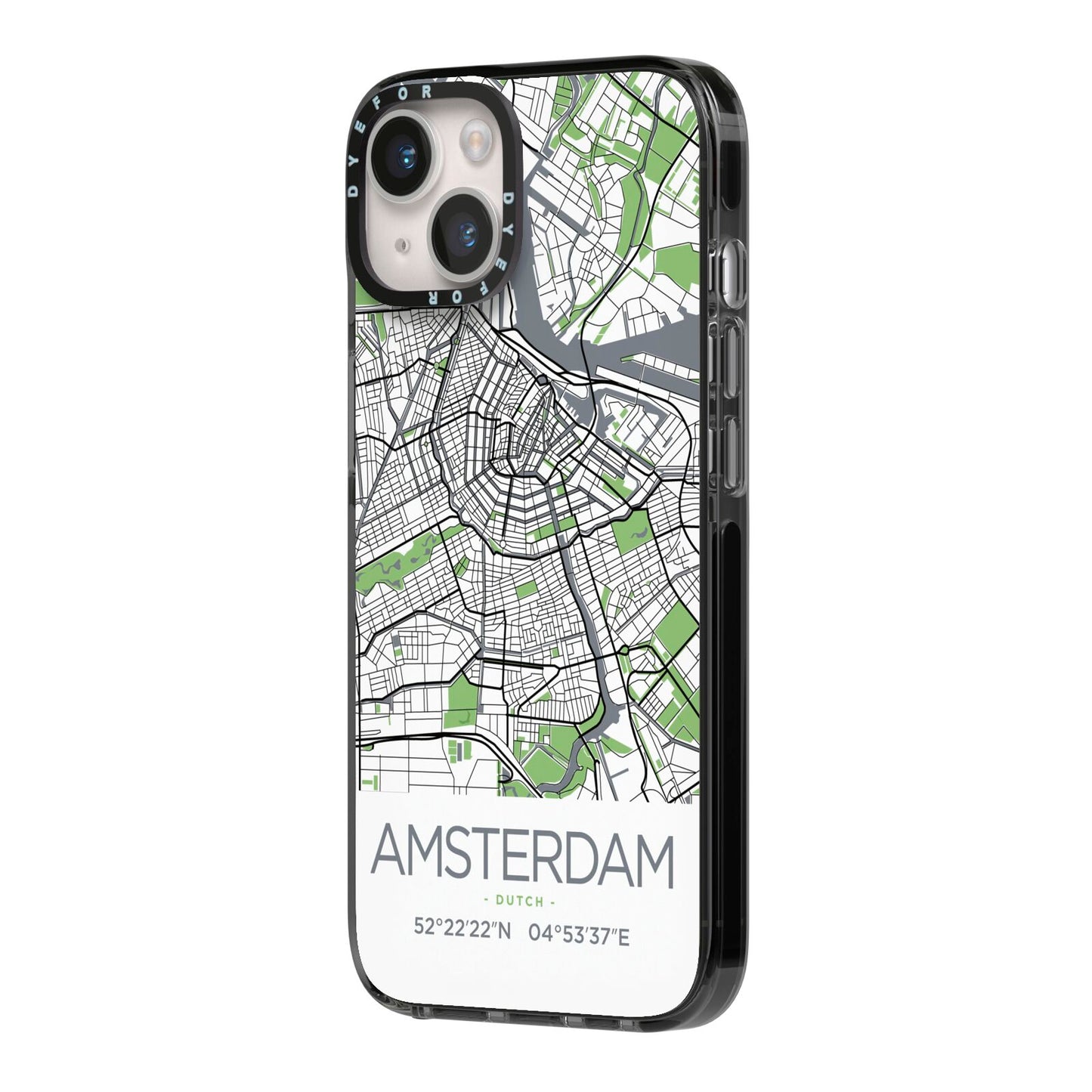 Map of Amsterdam iPhone 14 Black Impact Case Side Angle on Silver phone