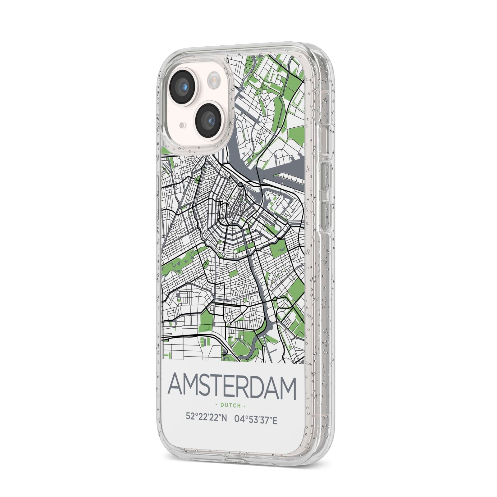 Map of Amsterdam iPhone 14 Glitter Tough Case Starlight Angled Image