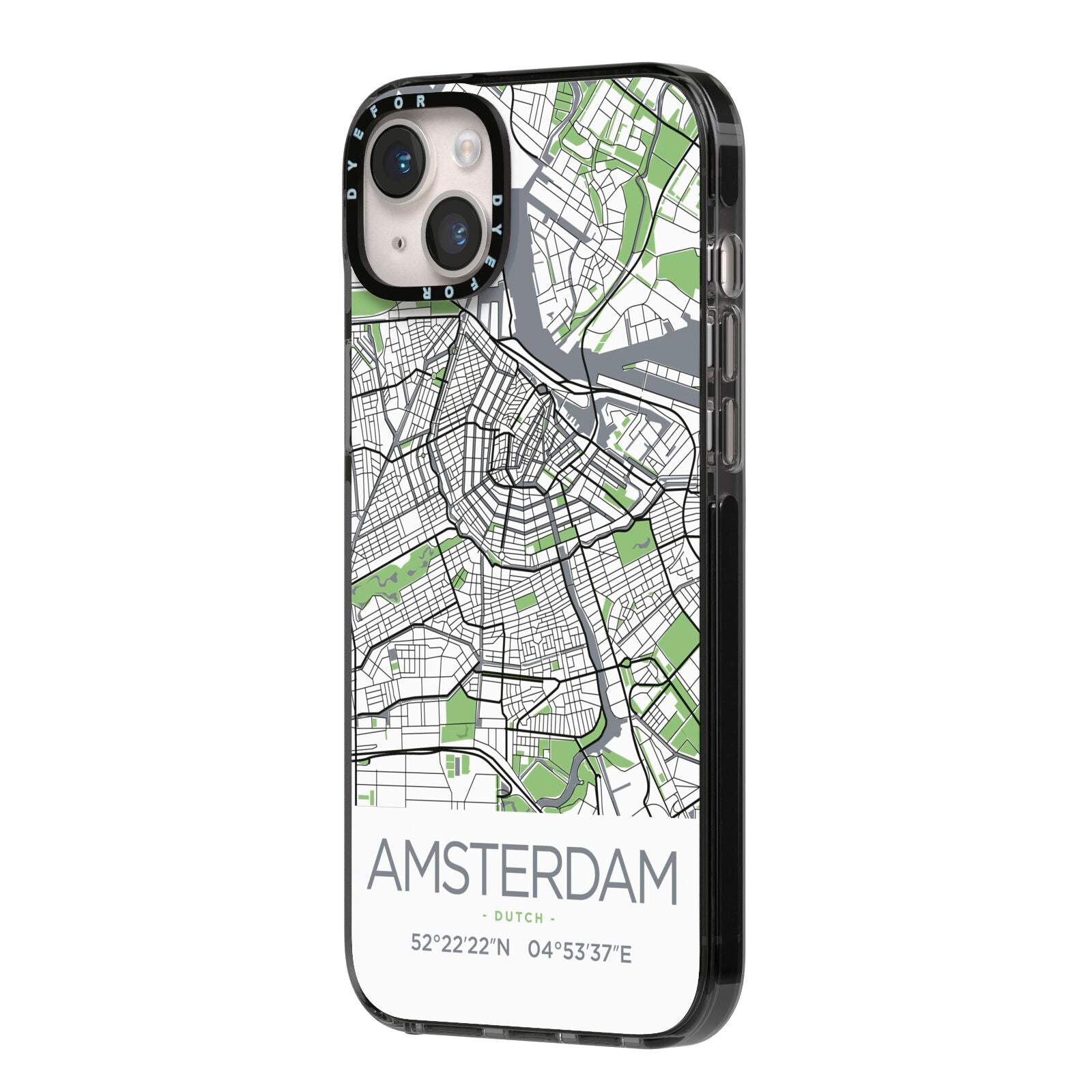 Map of Amsterdam iPhone 14 Plus Black Impact Case Side Angle on Silver phone