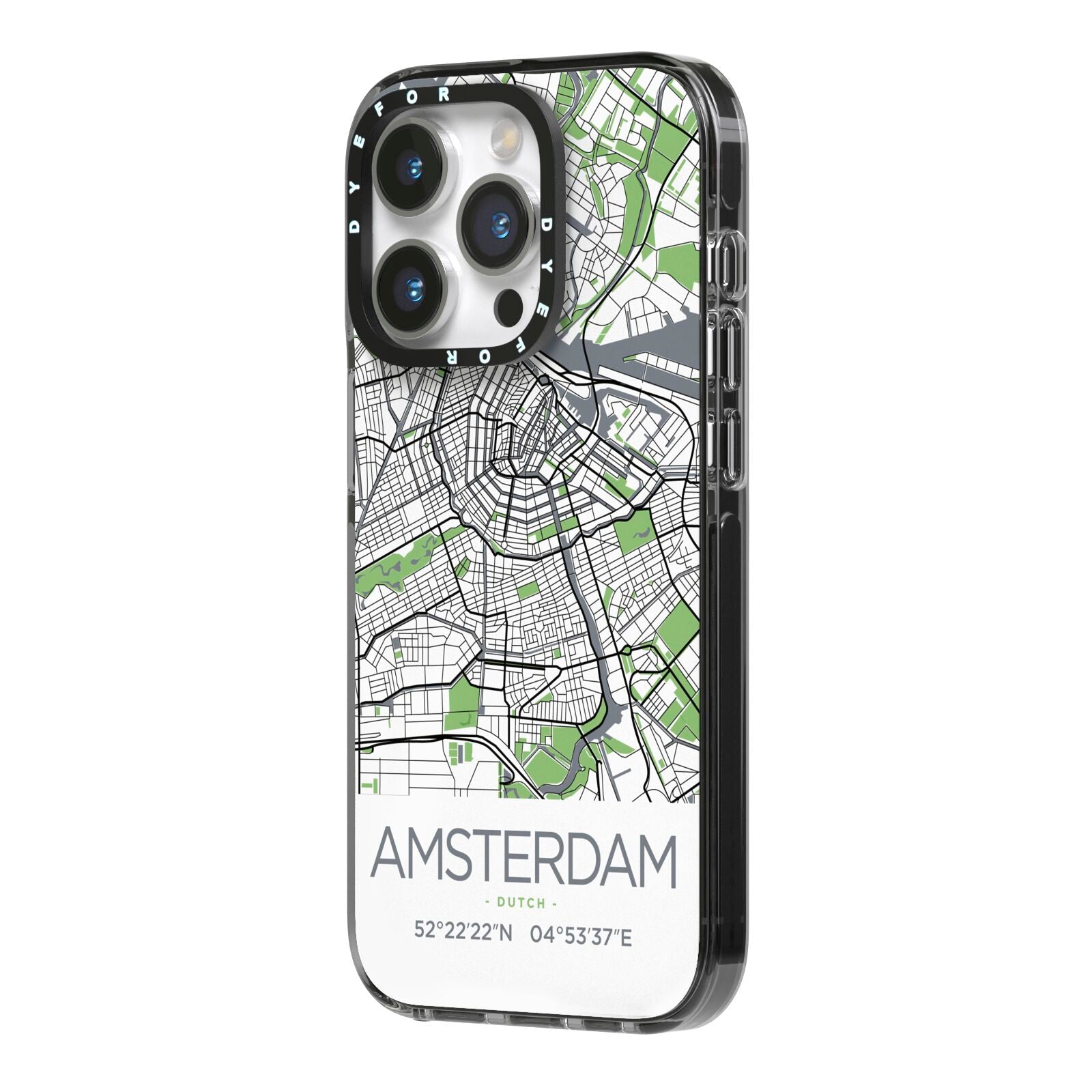 Map of Amsterdam iPhone 14 Pro Black Impact Case Side Angle on Silver phone