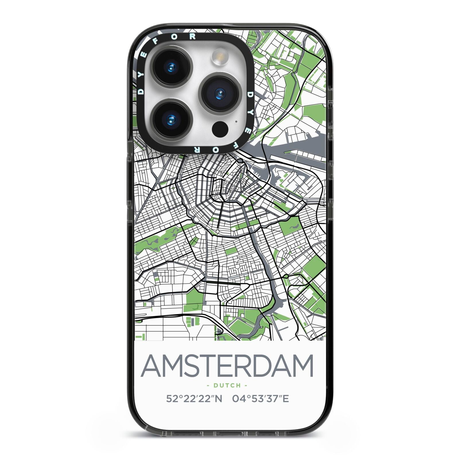 Map of Amsterdam iPhone 14 Pro Black Impact Case on Silver phone