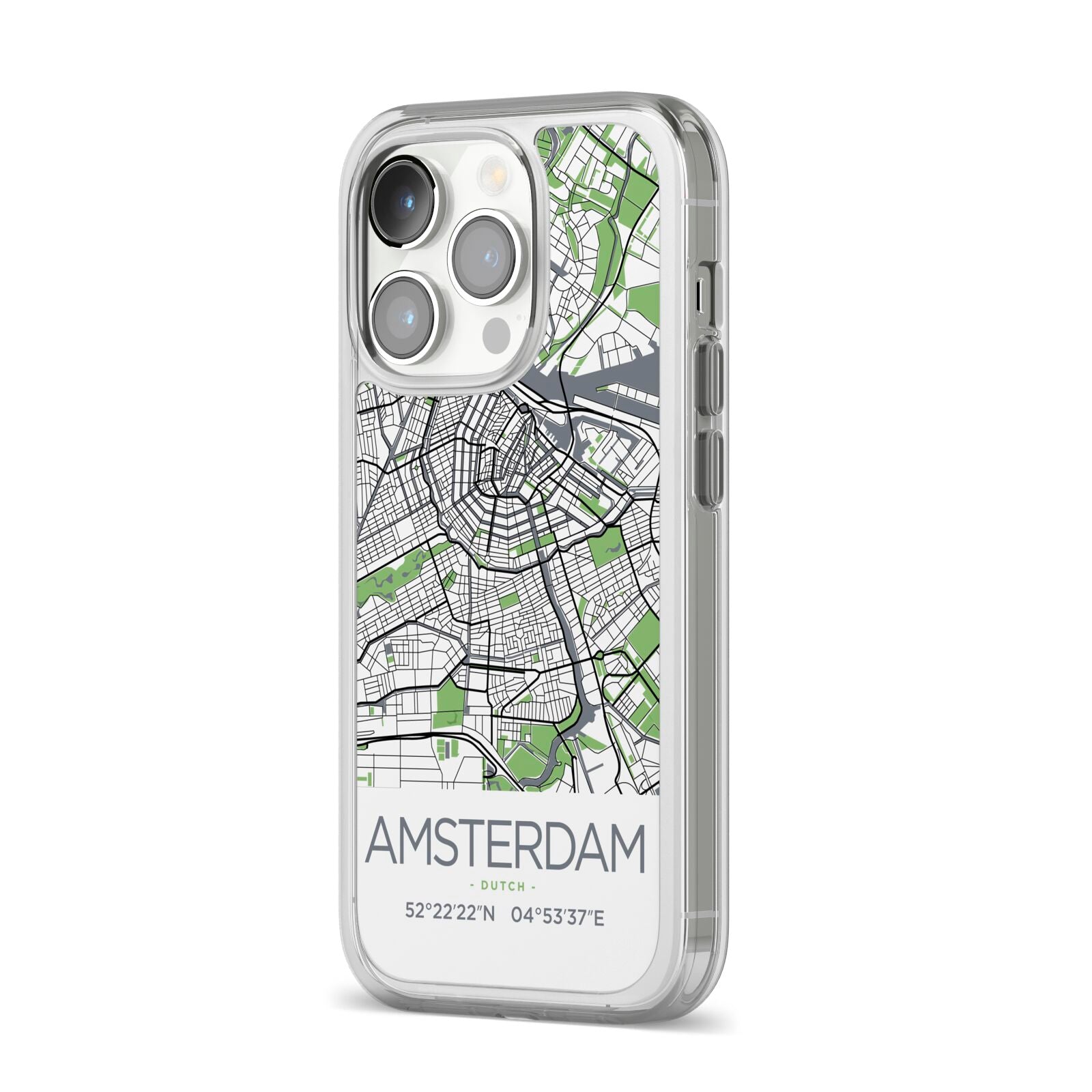 Map of Amsterdam iPhone 14 Pro Clear Tough Case Silver Angled Image