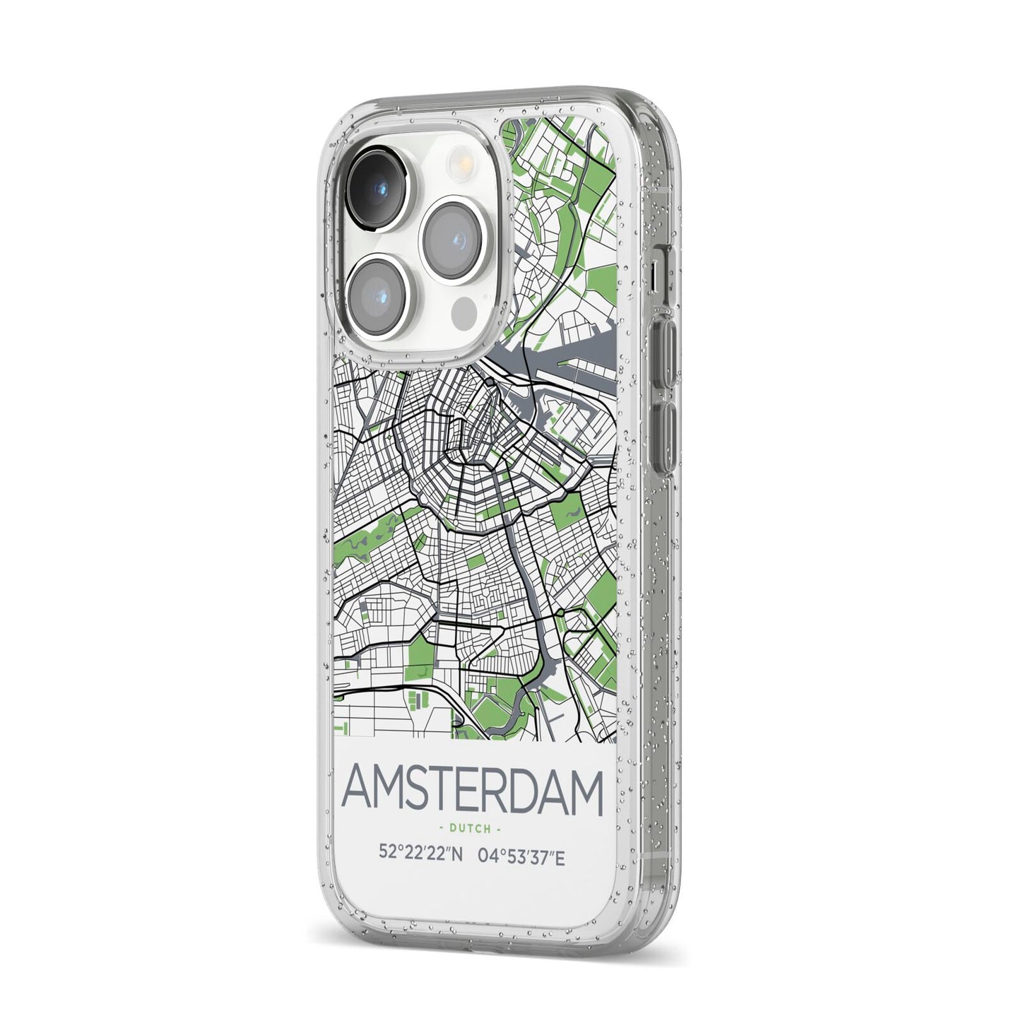 Map of Amsterdam iPhone 14 Pro Glitter Tough Case Silver Angled Image