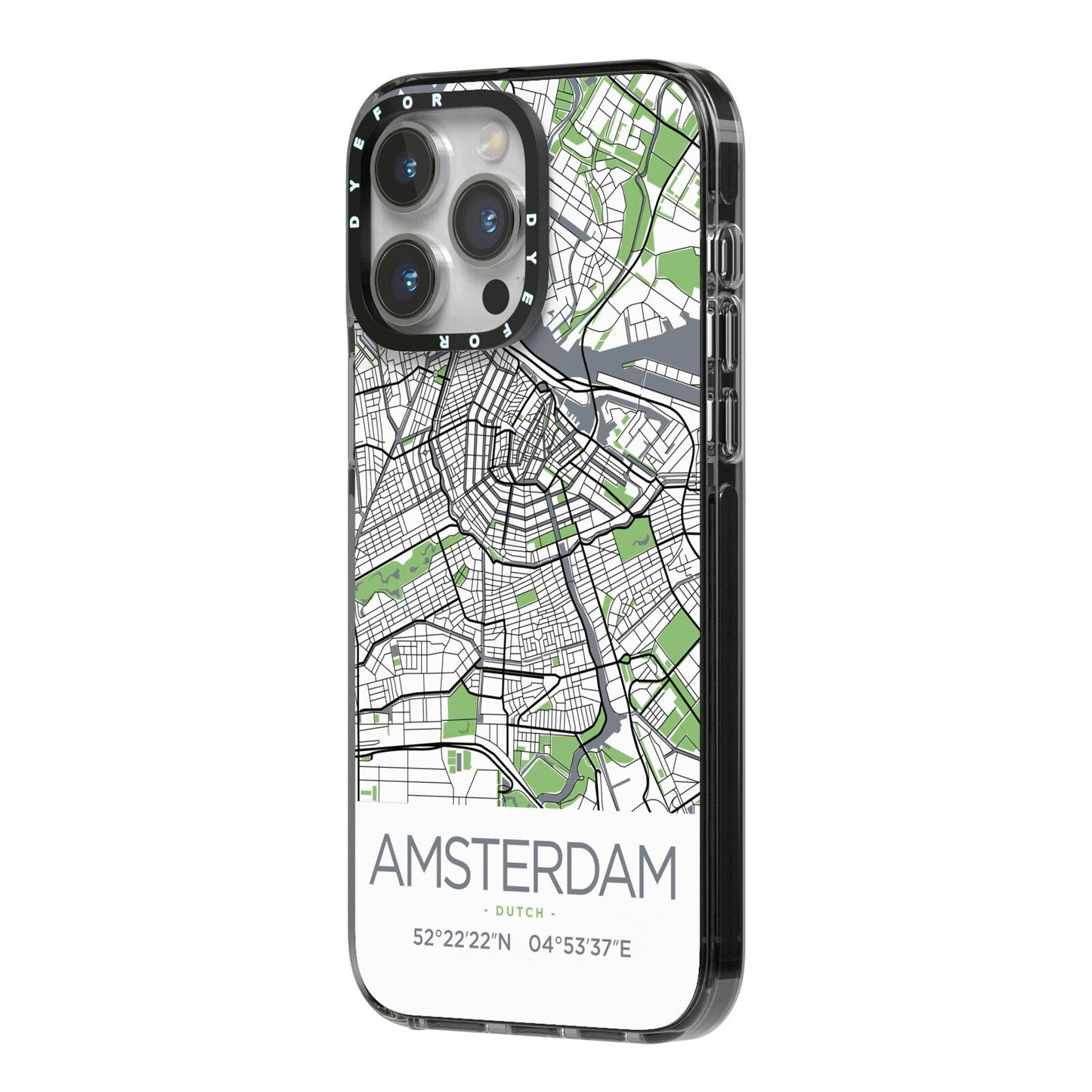 Map of Amsterdam iPhone 14 Pro Max Black Impact Case Side Angle on Silver phone