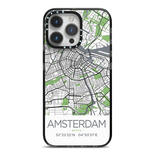 Map of Amsterdam iPhone 14 Pro Max Black Impact Case on Silver phone