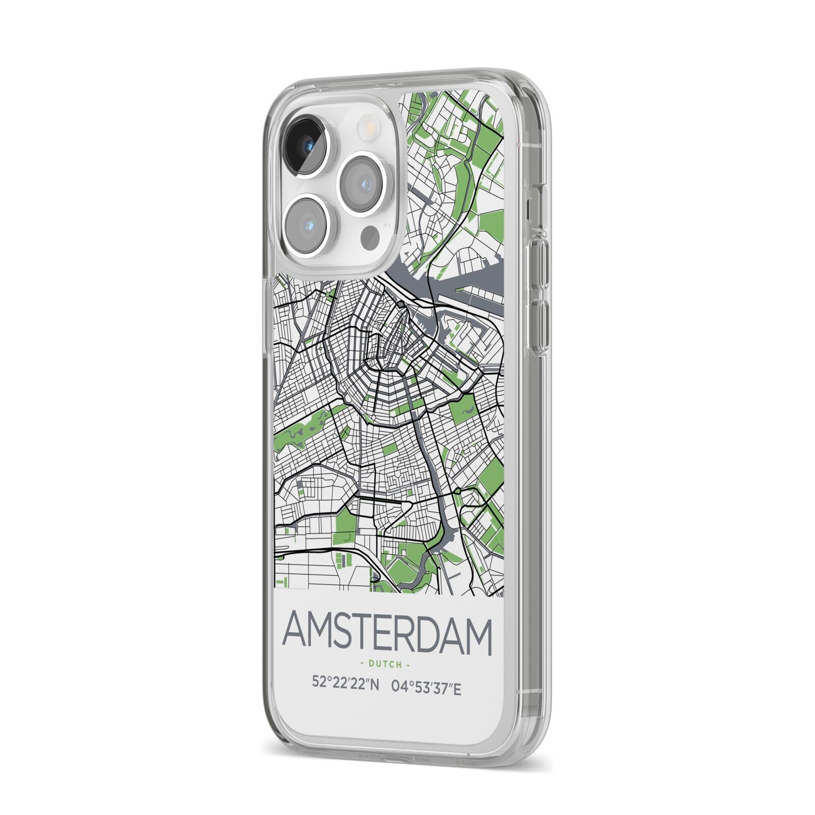 Map of Amsterdam iPhone 14 Pro Max Clear Tough Case Silver Angled Image