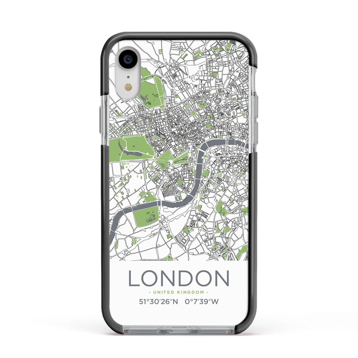 Map of London Apple iPhone XR Impact Case Black Edge on Silver Phone