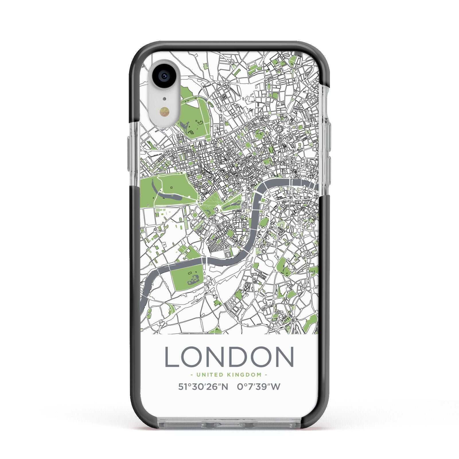 Map of London Apple iPhone XR Impact Case Black Edge on Silver Phone