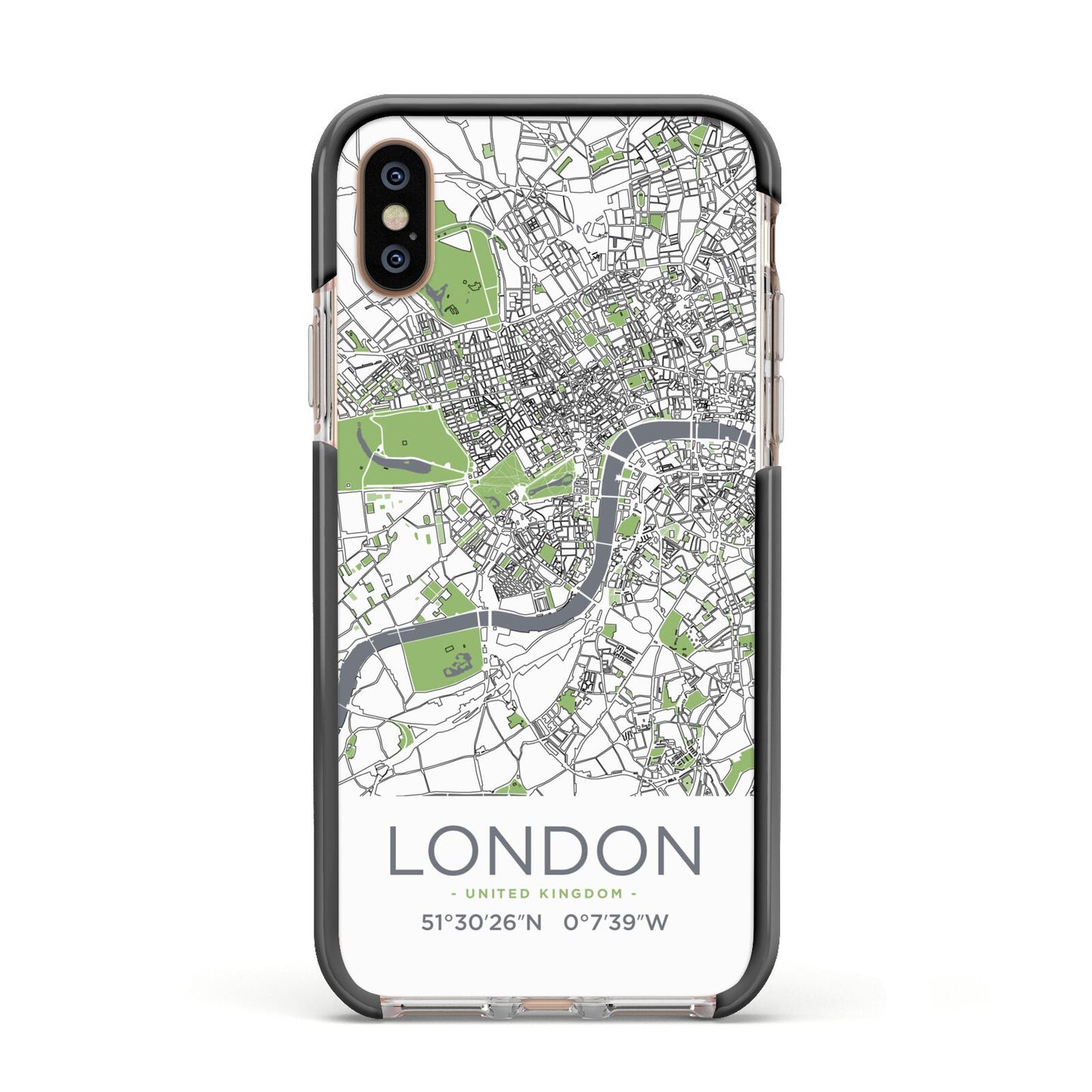 Map of London Apple iPhone Xs Impact Case Black Edge on Gold Phone