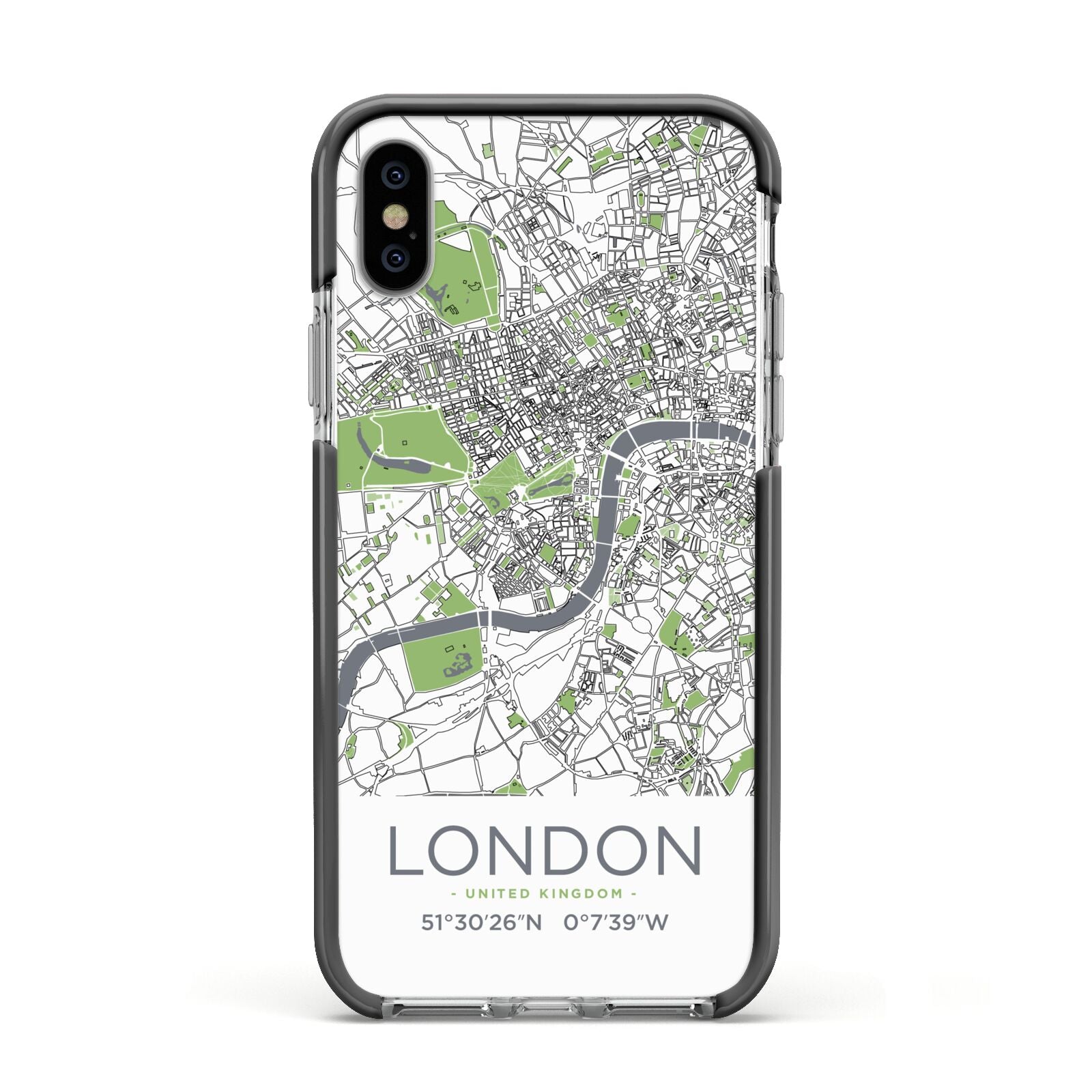 Map of London Apple iPhone Xs Impact Case Black Edge on Silver Phone