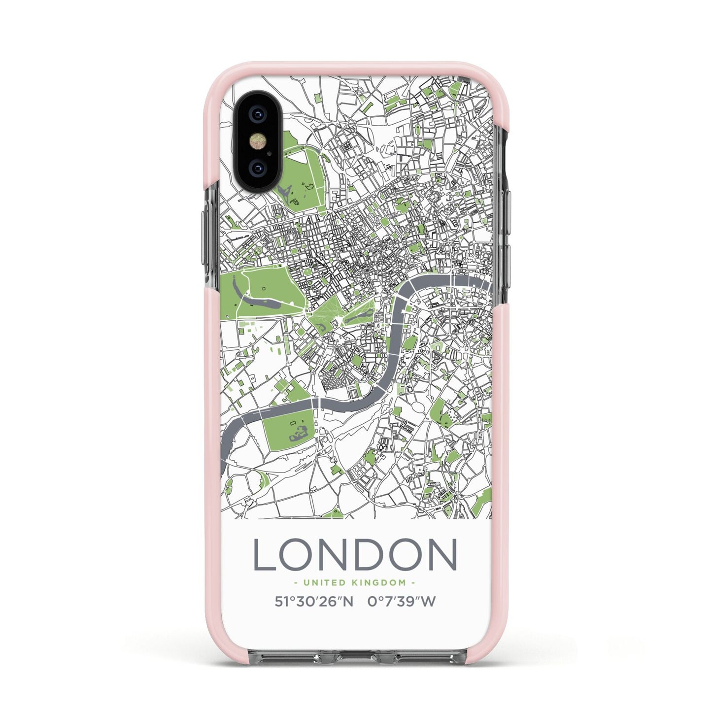 Map of London Apple iPhone Xs Impact Case Pink Edge on Black Phone