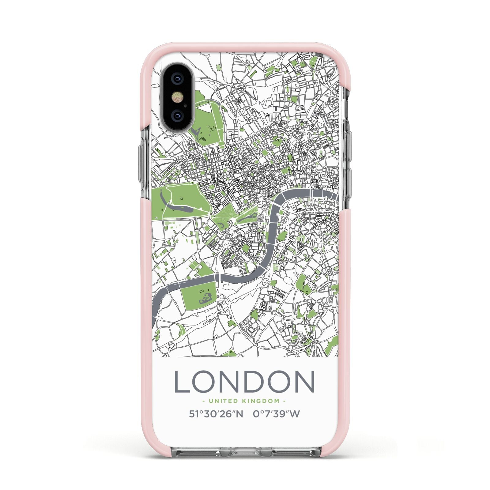 Map of London Apple iPhone Xs Impact Case Pink Edge on Silver Phone