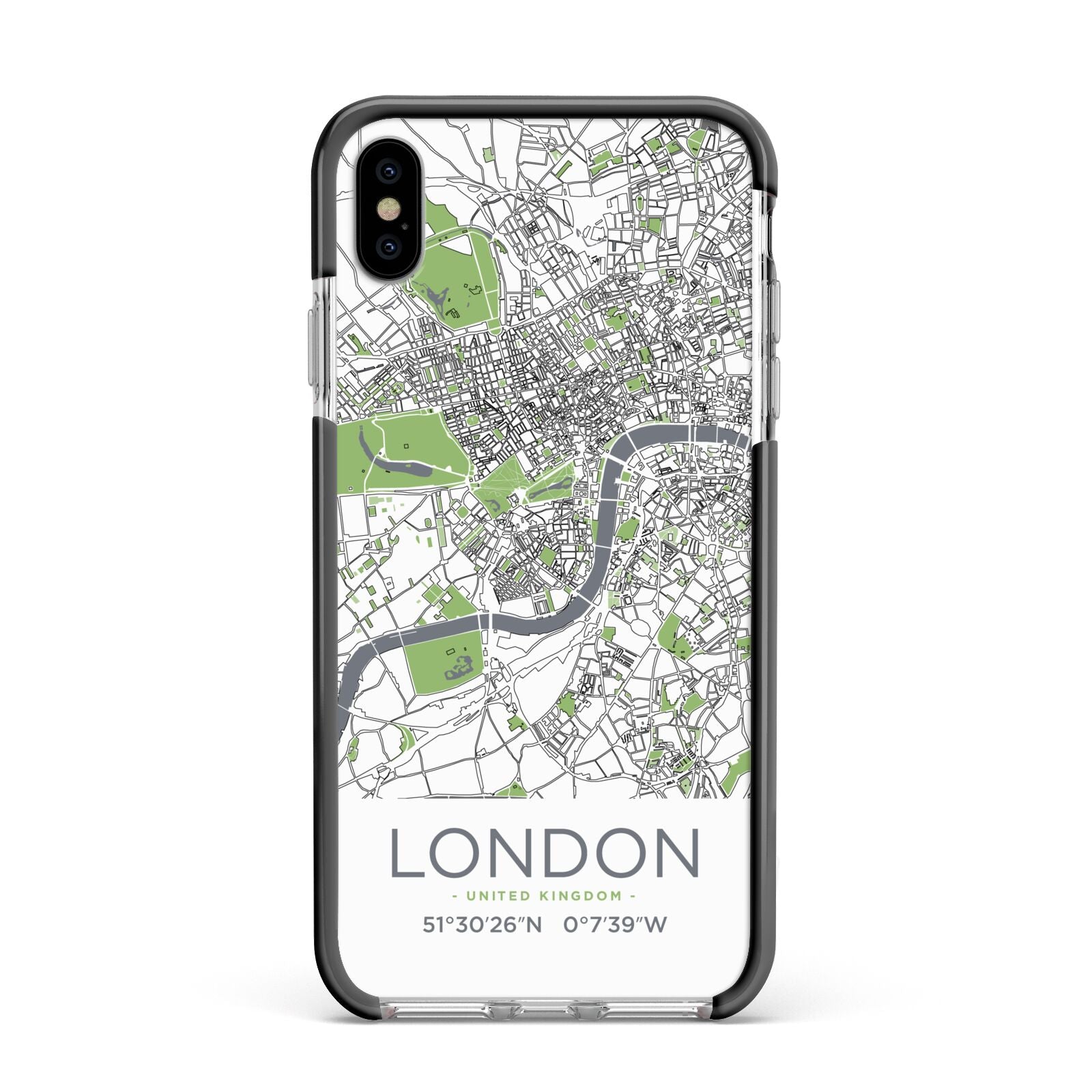 Map of London Apple iPhone Xs Max Impact Case Black Edge on Silver Phone