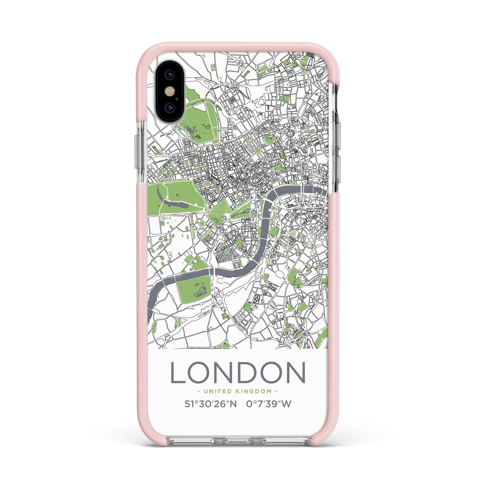 Map of London Apple iPhone Xs Max Impact Case Pink Edge on Silver Phone