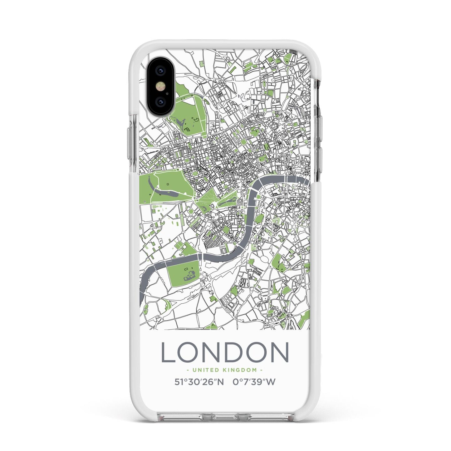 Map of London Apple iPhone Xs Max Impact Case White Edge on Silver Phone