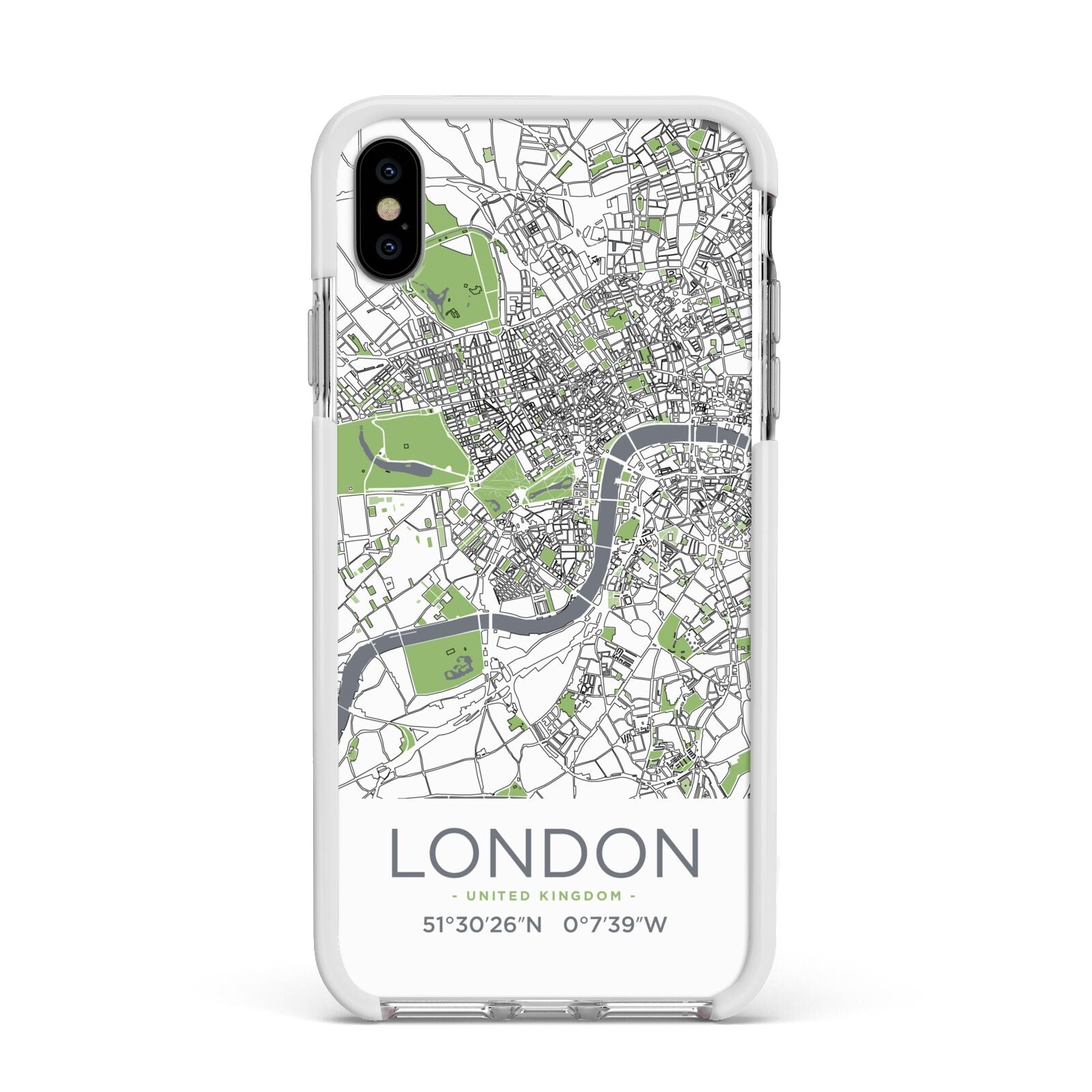 Map of London Apple iPhone Xs Max Impact Case White Edge on Silver Phone