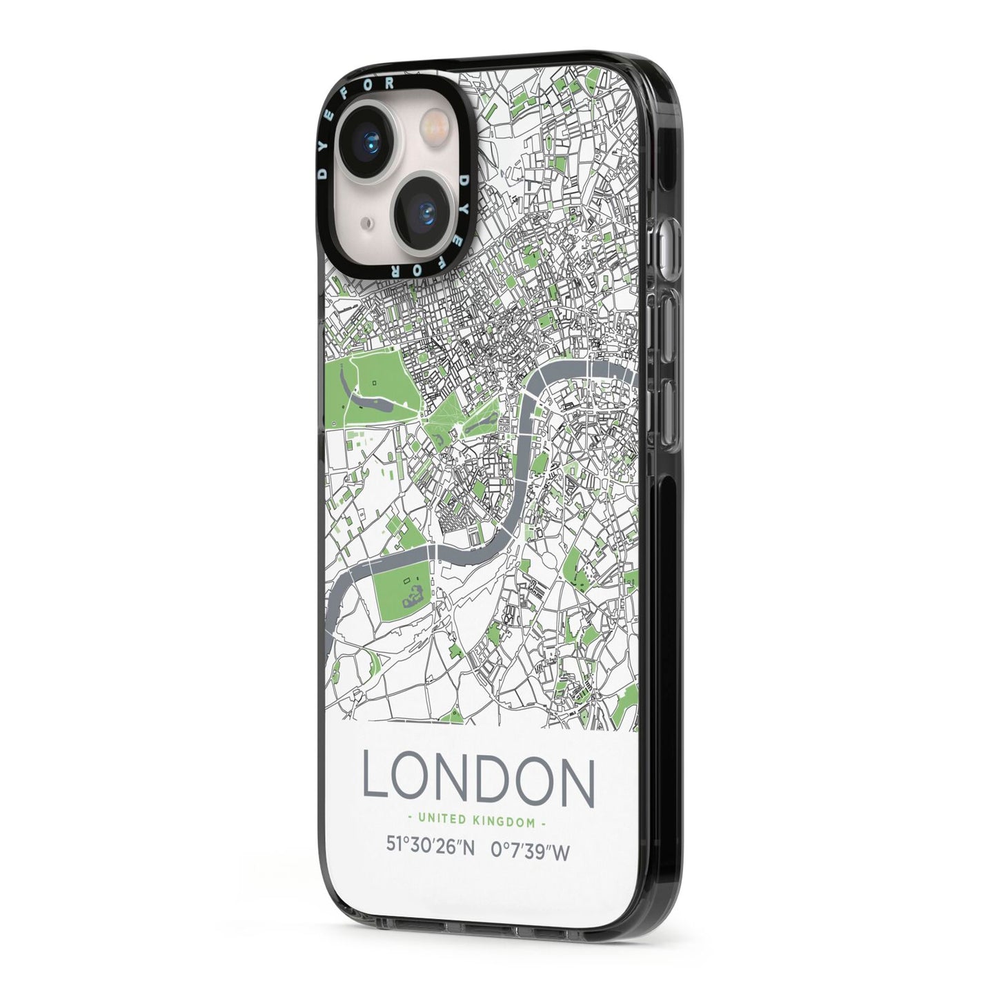 Map of London iPhone 13 Black Impact Case Side Angle on Silver phone