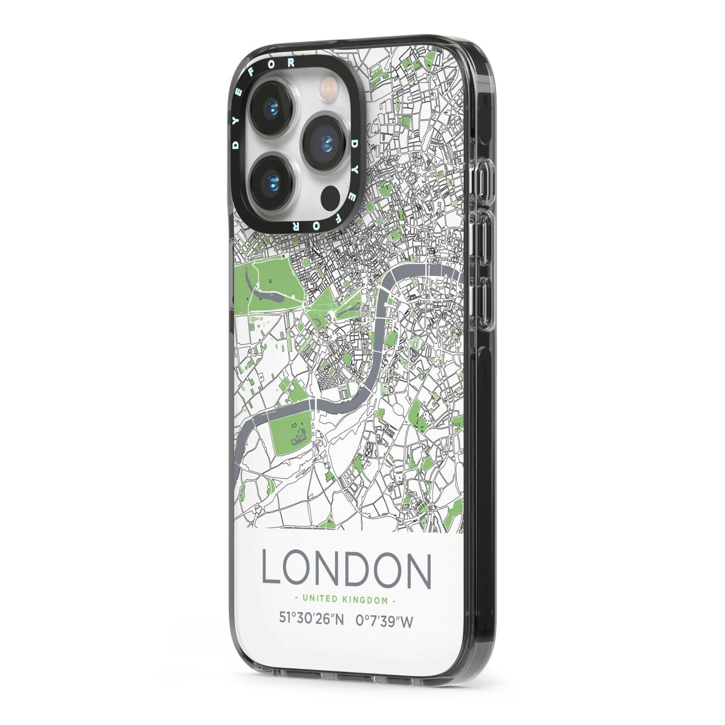 Map of London iPhone 13 Pro Black Impact Case Side Angle on Silver phone