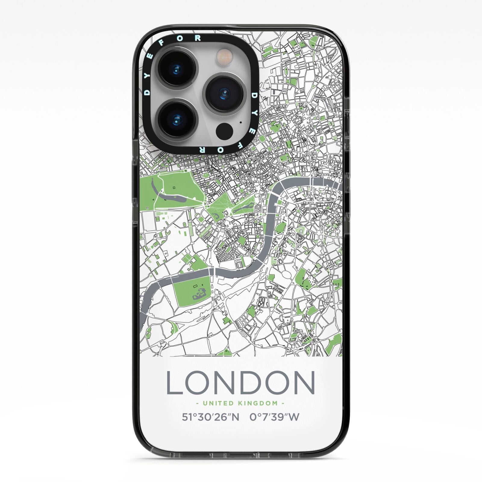 Map of London iPhone 13 Pro Black Impact Case on Silver phone