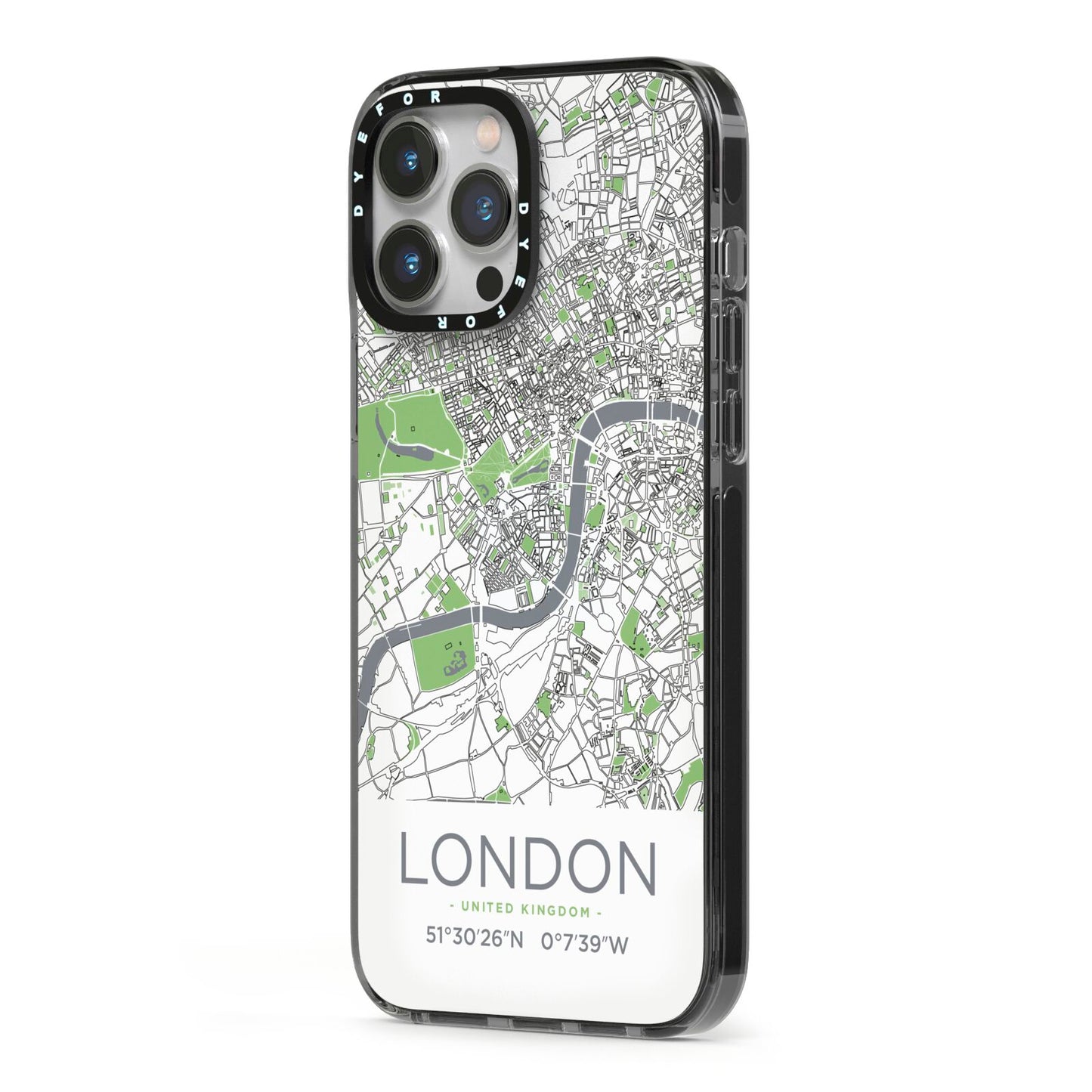 Map of London iPhone 13 Pro Max Black Impact Case Side Angle on Silver phone