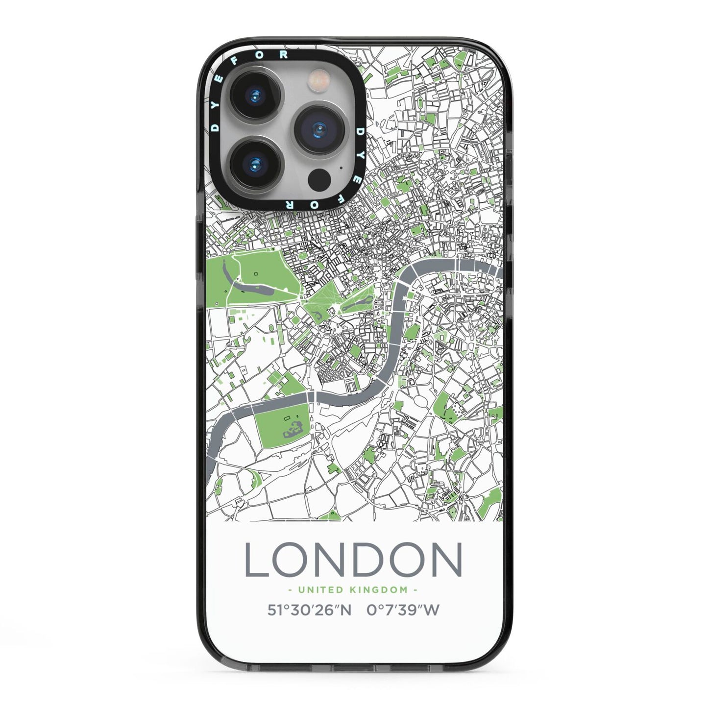 Map of London iPhone 13 Pro Max Black Impact Case on Silver phone