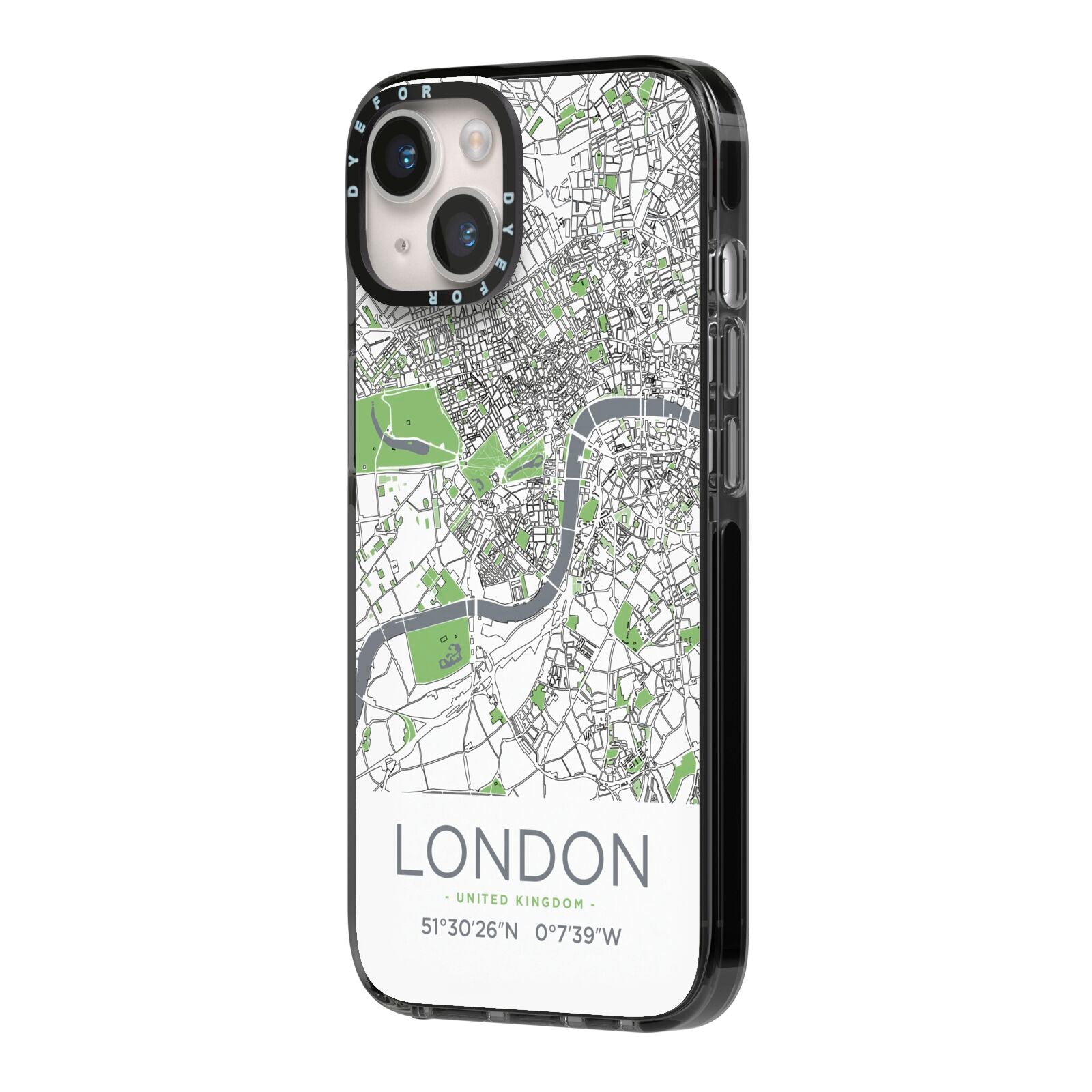 Map of London iPhone 14 Black Impact Case Side Angle on Silver phone