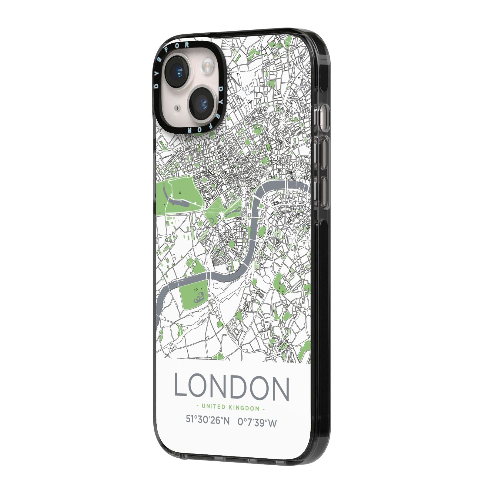 Map of London iPhone 14 Plus Black Impact Case Side Angle on Silver phone