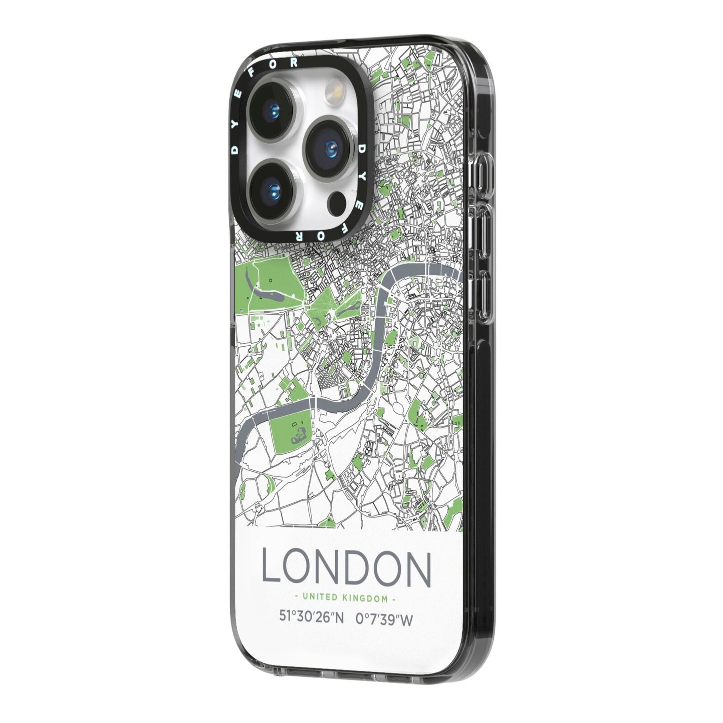 Map of London iPhone 14 Pro Black Impact Case Side Angle on Silver phone