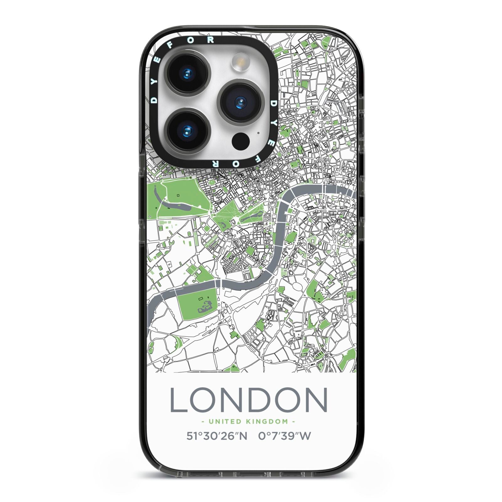 Map of London iPhone 14 Pro Black Impact Case on Silver phone