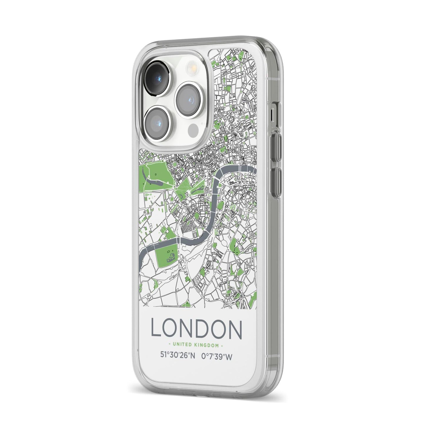 Map of London iPhone 14 Pro Clear Tough Case Silver Angled Image