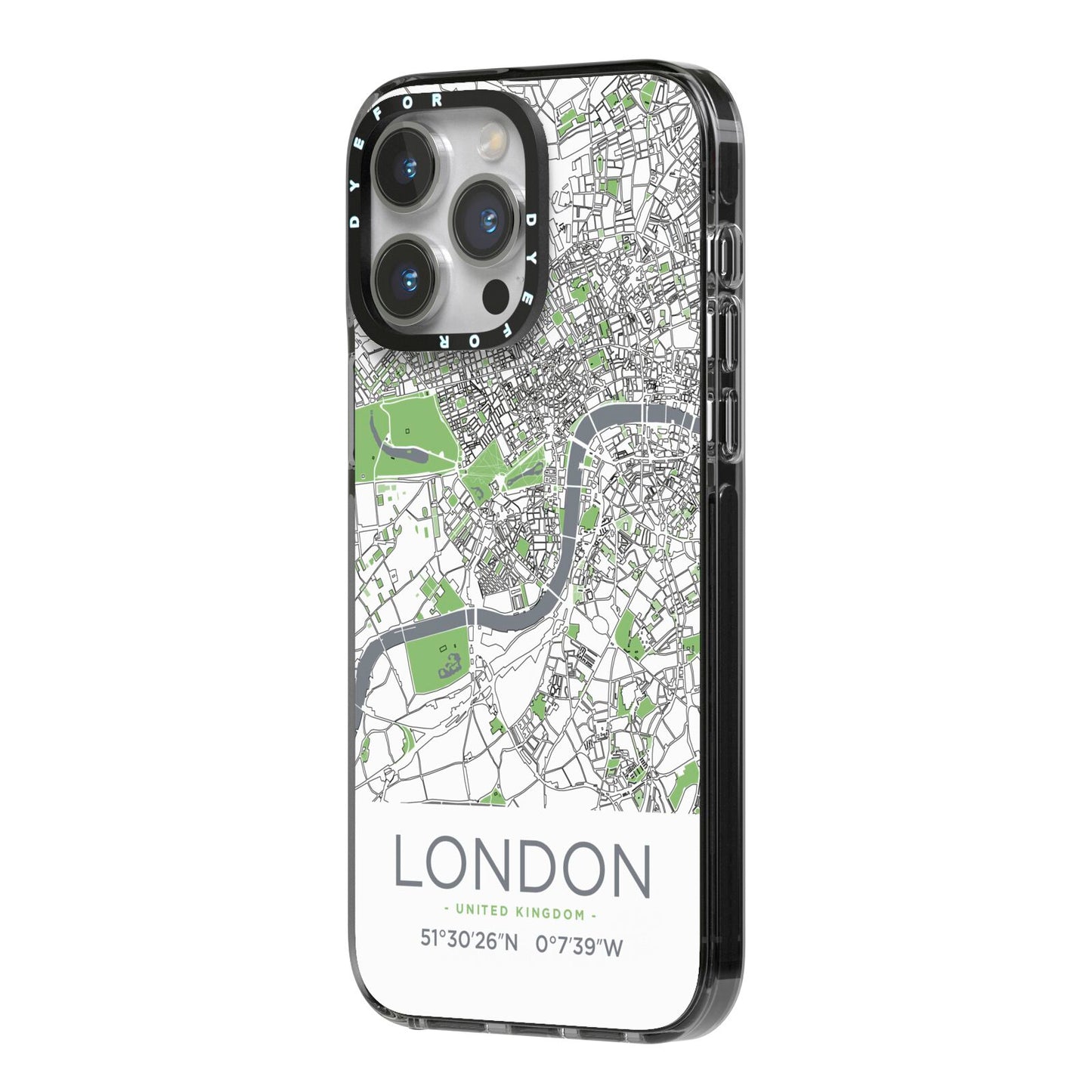 Map of London iPhone 14 Pro Max Black Impact Case Side Angle on Silver phone