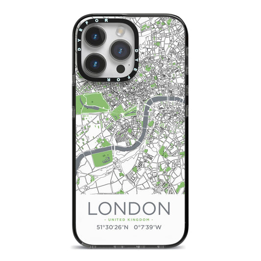 Map of London iPhone 14 Pro Max Black Impact Case on Silver phone