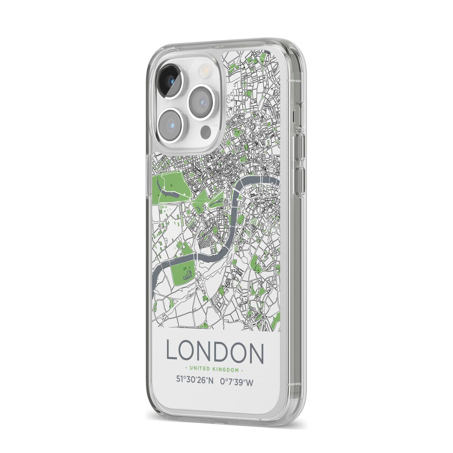 Map of London iPhone 14 Pro Max Clear Tough Case Silver Angled Image